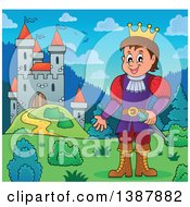 Clipart Of A Cartoon Happy White Prince Near A Castle Royalty Free Vector Illustration by visekart