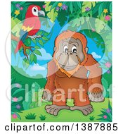 Poster, Art Print Of Cartoon Happy Orangutan Monkey And Parrot In A Jungle