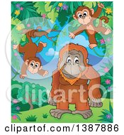 Poster, Art Print Of Cartoon Happy Orangutan And Monkeys In A Jungle