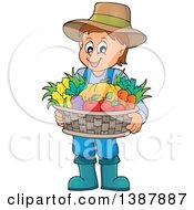 Poster, Art Print Of Cartoon Happy Brunette White Male Farmer Holding A Basket Of Harvest Produce