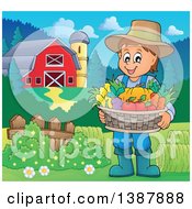 Poster, Art Print Of Cartoon Happy Brunette White Male Farmer Holding A Basket Of Harvest Produce In A Barnyard
