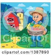 Poster, Art Print Of Cartoon Happy Brunette White Male Farmer Holding A Basket Of Harvest Produce In A Barnyard