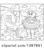 Poster, Art Print Of Cartoon Black And White Lineart Male Farmer Holding A Basket Of Harvest Produce In A Barnyard