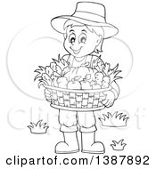 Poster, Art Print Of Cartoon Black And White Lineart Male Farmer Holding A Basket Of Harvest Produce