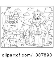 Poster, Art Print Of Cartoon Blackand White Lineart Happy Queen By A Castle