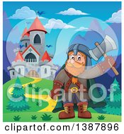 Clipart Of A Cartoon Happy Male Dwarf Warrior Holding Up An Axe Near A Castle Royalty Free Vector Illustration by visekart