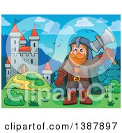 Poster, Art Print Of Cartoon Happy Male Dwarf Warrior Holding Up An Axe Near A Castle