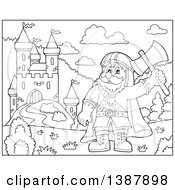 Poster, Art Print Of Cartoon Black And White Lineart Happy Male Dwarf Warrior Holding Up An Axe Near A Castle
