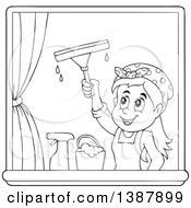 Poster, Art Print Of Cartoon Black And White Lineart Woman Washing Windows