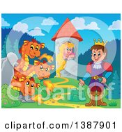 Poster, Art Print Of Three Headed Orange Fire Breathing Dragon Guarding A Princess In A Tower Against A Prince