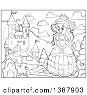 Poster, Art Print Of Black And White Lineart Happy Princess Near A Castle