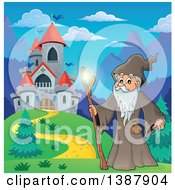 Cartoon Senior Druid Man Holding A Glowing Magic Stick By A Castle