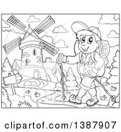 Poster, Art Print Of Black And White Lineart Happy Male Hiker Walking Near A Windmill