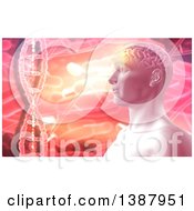 Poster, Art Print Of 3d Male Human Head Over Bacteria And Dna Strands In Orange And Pink Tones