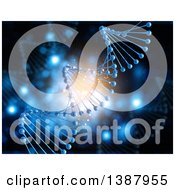 Clipart Of A Background Of A 3d Blue DNA Strand Over Flares Royalty Free Illustration