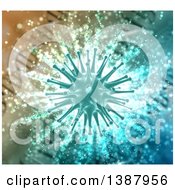 Clipart Of A 3d Medical Background Of A 3d Virus Cell Over Dna Strands And Flares Royalty Free Illustration