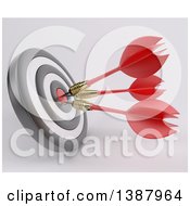 Poster, Art Print Of 3d Target With Three Darts In The Bulls Eye On A Shaded Background