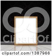 Poster, Art Print Of Blank Wood Picture Frame Resting On A Wood Floor Against A Black Damask Wall