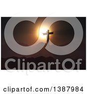Clipart Of A Scene Of 3d Silhouetted Jesus Christ On The Cross Against A Sunset And Hills Royalty Free Illustration