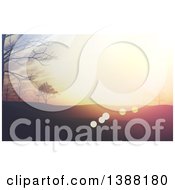 Clipart Of A Landscape With Trees Hills And Flares At Sunrise Or Sunset Royalty Free Illustration