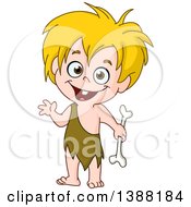 Clipart Of A Happy Blond Prehistoric Cave Boy Holding A Bone And Waving Royalty Free Vector Illustration