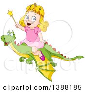 Poster, Art Print Of Happy Blond Caucasian Princess Girl Riding A Flying Dragon And Holding A Wand