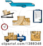 Poster, Art Print Of Sketched Airplane Conveyor Cardboard Boxes With Packaging Symbols Airport Truck Clock And Clip Board With Order List