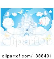 Clipart Of A White Fairy Tale Castle In The Sky On Puffy Clouds With Colorful Butterflies Royalty Free Vector Illustration