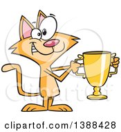 Poster, Art Print Of Cartoon Ginger Cat Champion Holding A Gold Trophy