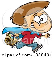 Cartoon Brunette White Boy Wearing A Cape And Running At An Easter Egg Hunt