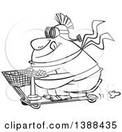 Poster, Art Print Of Cartoon Black And White Lineart Fat Man Wearing A Helmet And Goggles On A Scooter
