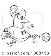 Poster, Art Print Of Cartoon Black And White Lineart Chicken Playing Soccer