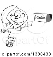 Poster, Art Print Of Cartoon Black And White Lineart African Boy Putting A Note In A Suggestion Box