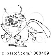 Clipart Of A Cartoon Black And White Lineart Super Illness Bug Wearing A Cape Royalty Free Vector Illustration by toonaday