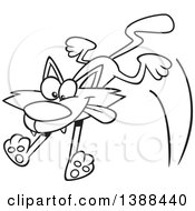 Clipart Of A Cartoon Black And White Lineart Cat Pouncing Royalty Free Vector Illustration