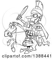 Poster, Art Print Of Cartoon Black And White Lineart Spartan Soldier Alexander The Great Wielding A Sword On A Horse
