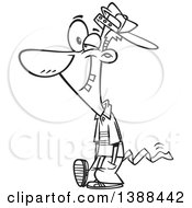 Clipart Of A Cartoon Black And White Lineart April Foolish Guy Walking With Toilet Paper Tucked In His Pants Royalty Free Vector Illustration by toonaday