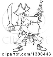 Poster, Art Print Of Cartoon Black And White Lineart Pirate Captain Bluebeard Holding Up A Sword And Pistol