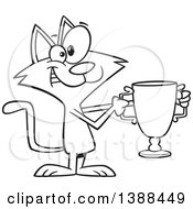 Poster, Art Print Of Cartoon Black And White Lineart Cat Champion Holding A Trophy