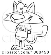 Clipart Of A Cartoon Black And White Lineart Kitty Wearing A Cats Rule Shirt Royalty Free Vector Illustration