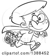 Clipart Of A Cartoon Black And White Lineart Boy Wearing A Cape And Running At An Easter Egg Hunt Royalty Free Vector Illustration by toonaday