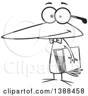 Clipart Of A Cartoon Black And White Lineart Nerdy Birdie Holding A School Book Royalty Free Vector Illustration