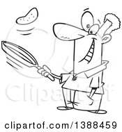 Cartoon Black And White Lineart African Man Flipping Pancakes