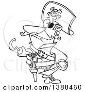Cartoon Black And White Lineart Pirate Captain With A Peg Leg And Hook Hand