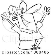 Cartoon Black And White Lineart Victorious Man Cheering