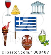 Poster, Art Print Of Sketched Greek Flag Flaming Torch Ceramic Amphora Parthenon Temple Olive Oil Wine And Cheese