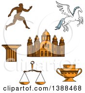Poster, Art Print Of Sketched Greek Runner Capital On A Column Pegasus And Amphora Scales And Temple