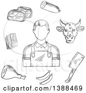 Black And White Sketched Butcher Cow And Meats
