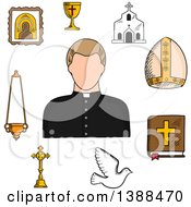 Poster, Art Print Of Sketched Priest And Religious Icons