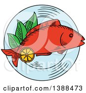 Clipart Of A Sketched Baked Fish On A Plate Royalty Free Vector Illustration